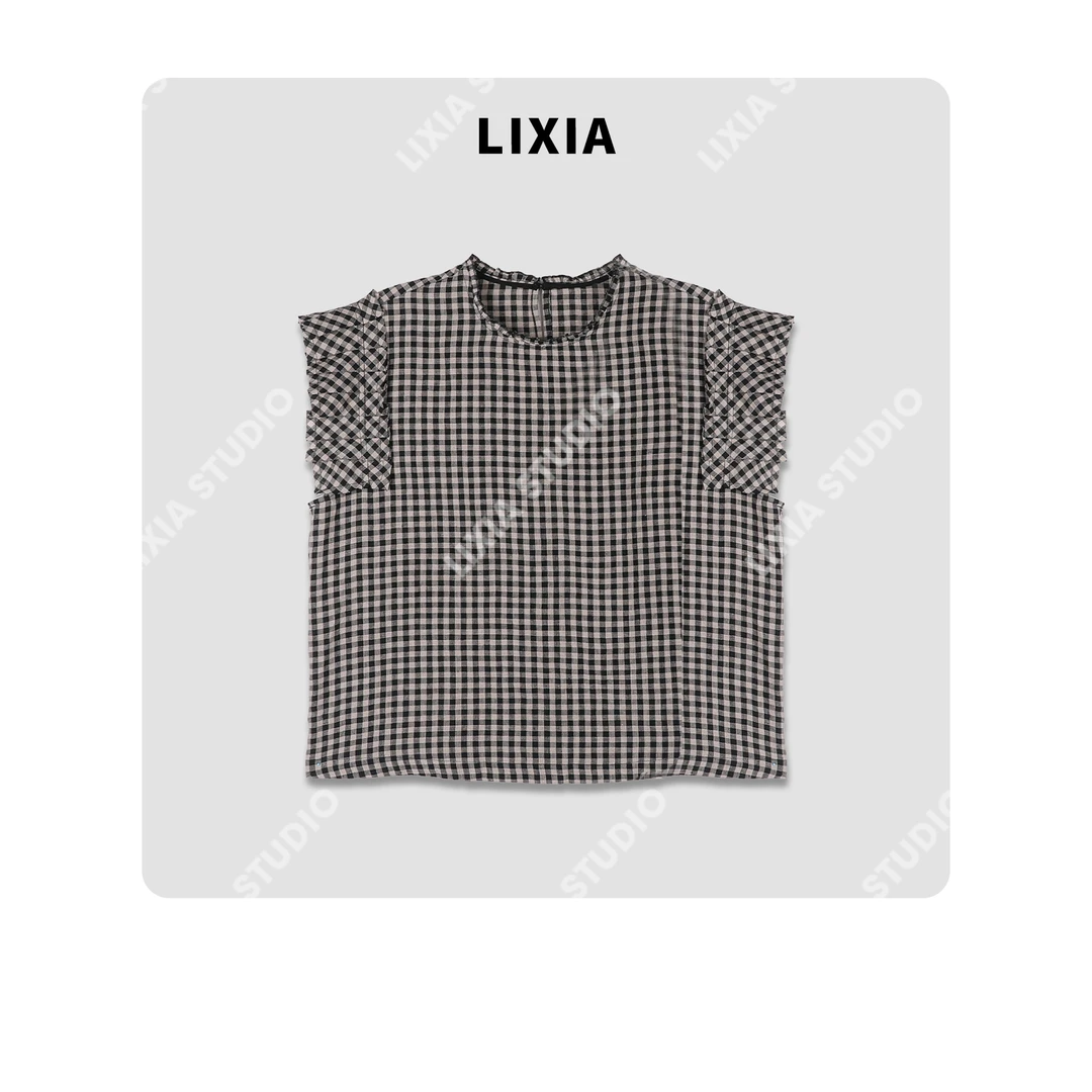 LIXIA【千鸟格】休闲时尚设计款黑白格点圆领无袖T恤-D7878