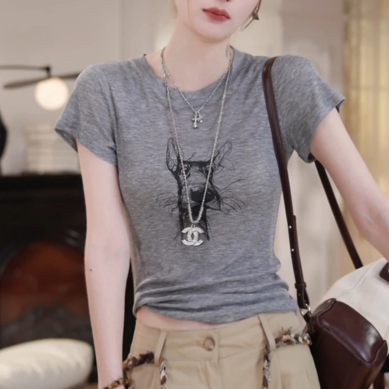 2025新款印花设计感短袖t恤修身显瘦上衣简约内搭T恤LK2502926