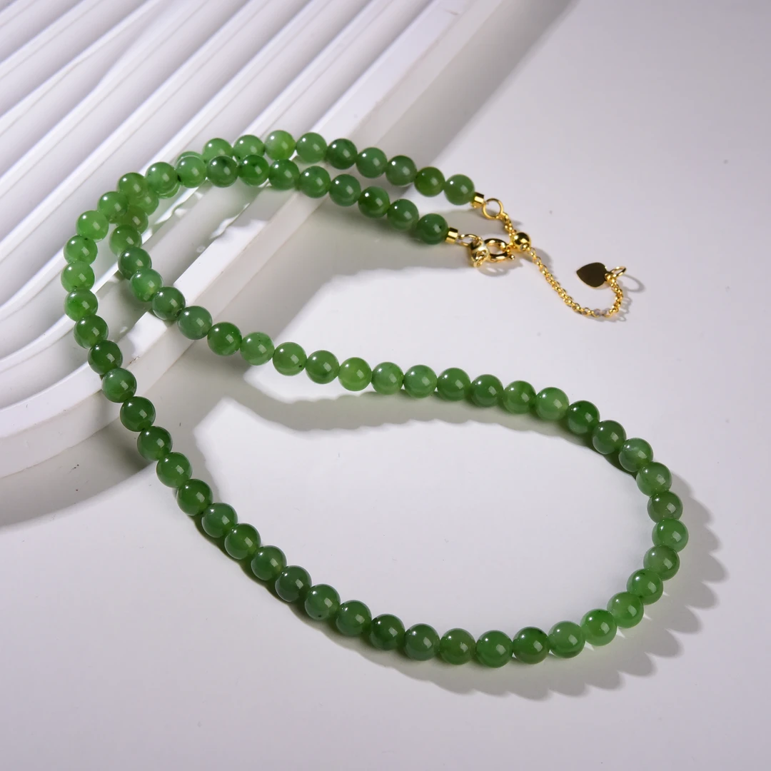 天然和田玉项链±6mm碧玉仙女素链尾链时尚绿色气质百搭清新小米珠
