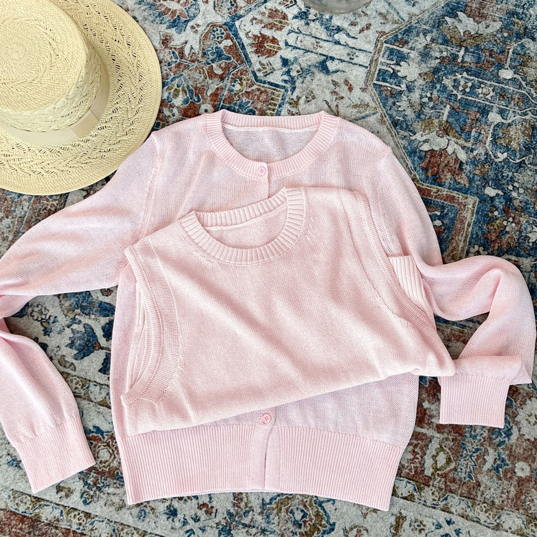 （反季不退换）LNHJ【明夏】简约百搭进口和纸纱线开衫马甲两件套