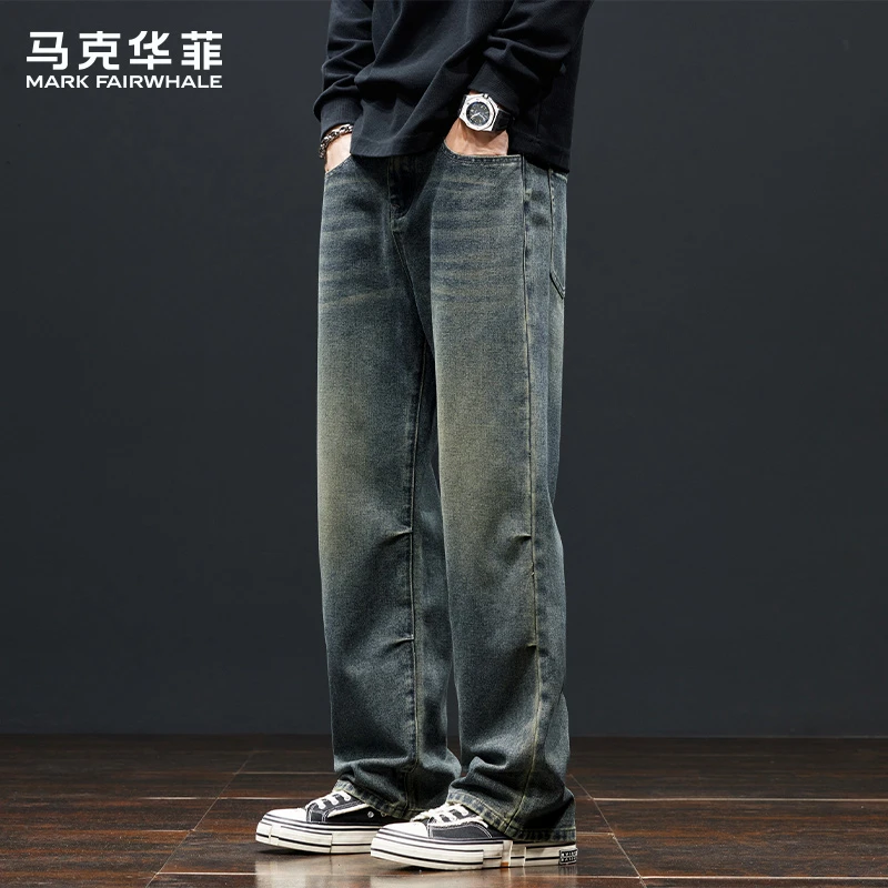 马克华菲复古牛仔裤男士春秋新款宽松直筒美式高街潮牌阔腿长裤子