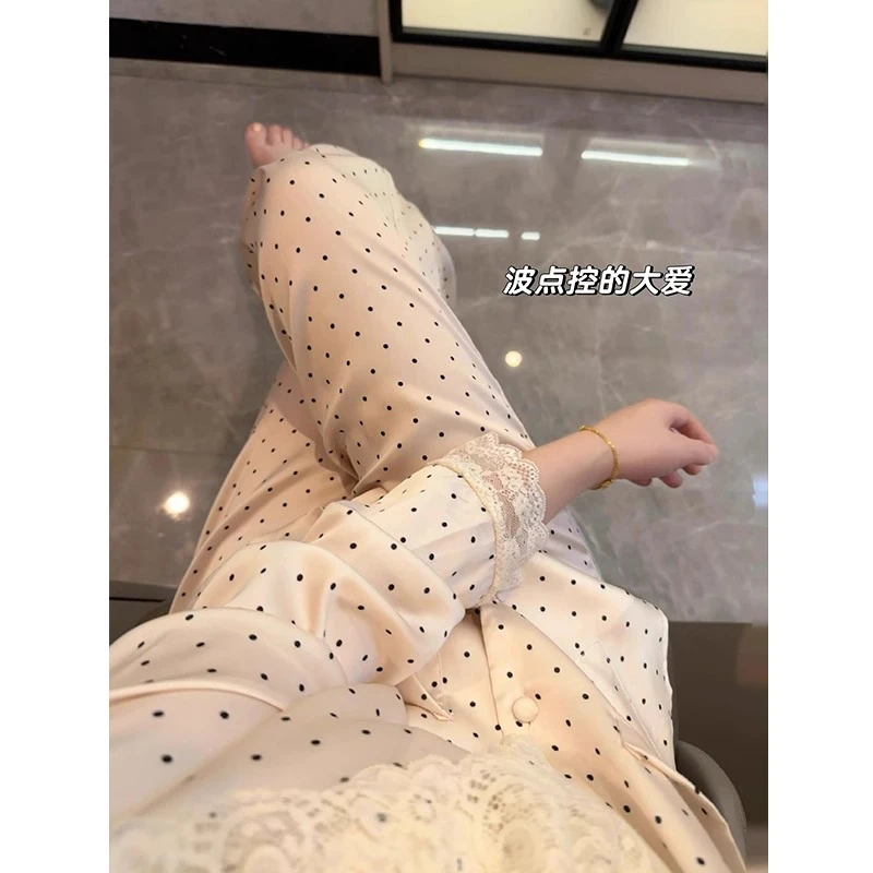 爆款睡衣波点冰丝睡衣女春秋2025年新款长袖长裤家居服大码套装