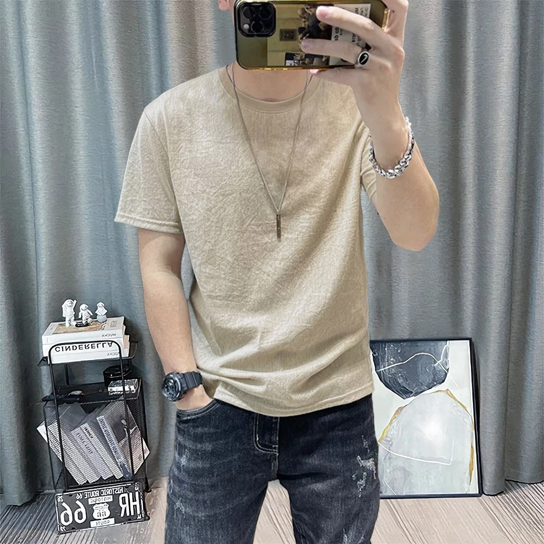 夏季速干短袖T恤男圆领纯色牛津棉麻凉感轻薄透气休闲百搭半袖t恤