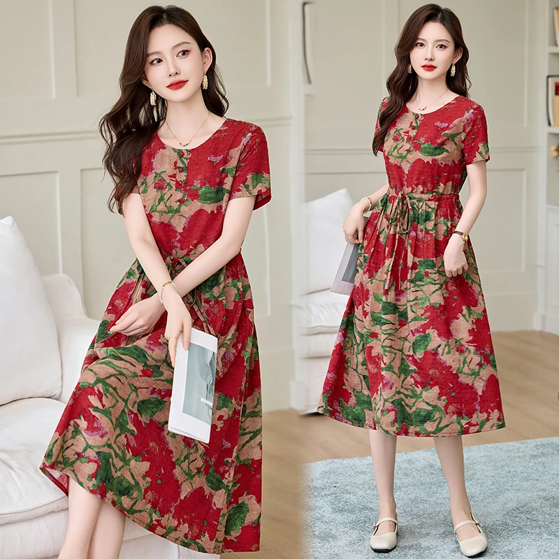 休闲圆领印花连衣裙女2025夏季新款短袖碎花中长裙母亲节裙子穿搭