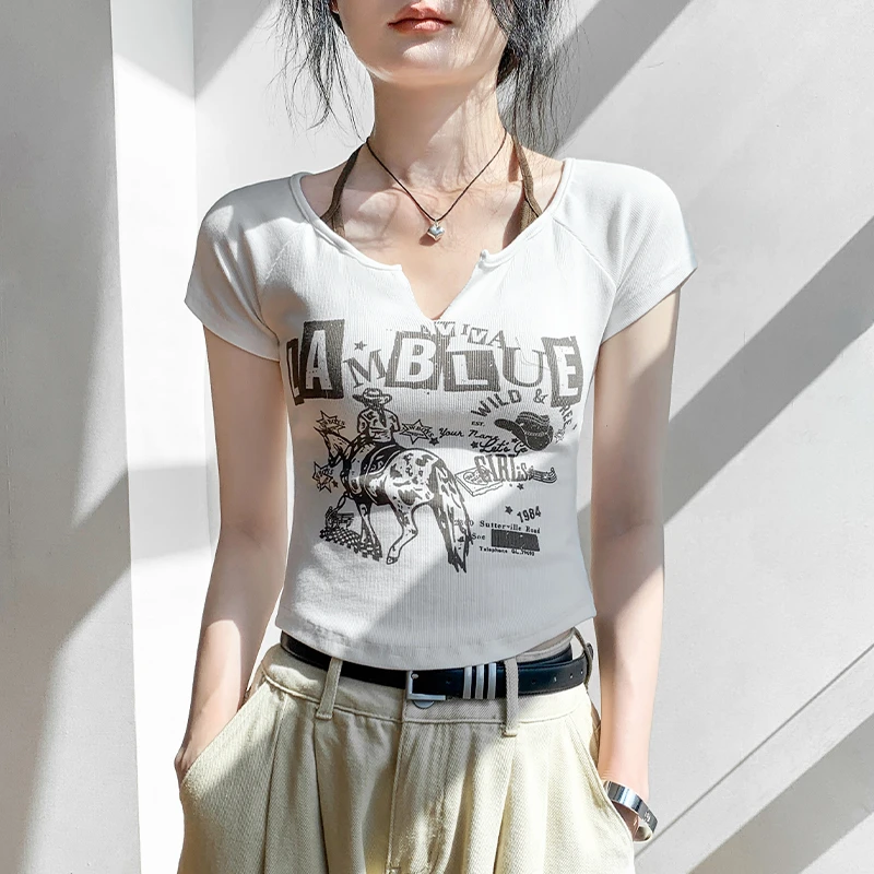 美式挂脖V领短袖T恤女2025春季新款修身印花小众别致开衫内搭上衣