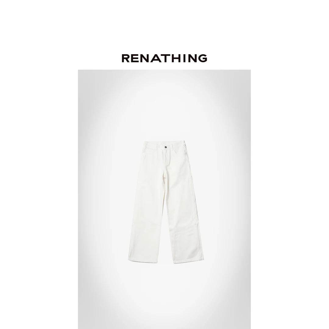 【RENATHING】白色中腰直筒宽松牛仔裤
