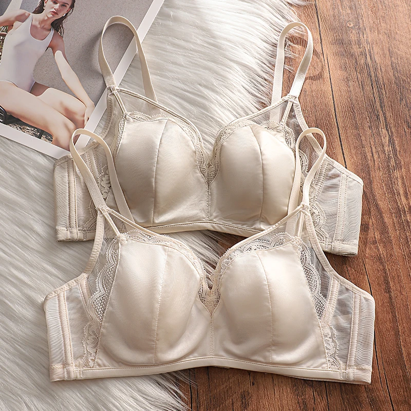 100%桑蚕丝内里缎面内衣女大胸显小薄款收副乳防下垂软钢圈文胸罩