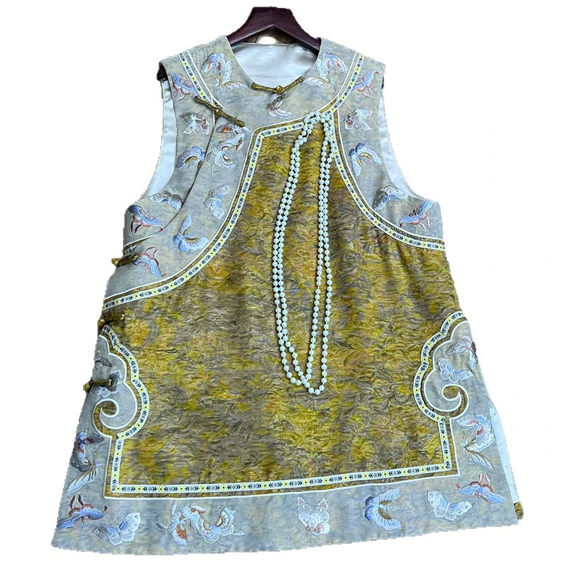 新中式国风斜襟手工盘扣重工刺绣提花拼接气质中长款马甲背心马夹