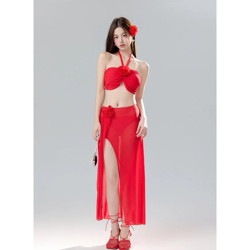 新款辣妹分体三件套性感比基尼长裙绝美沙滩温泉度假泳装