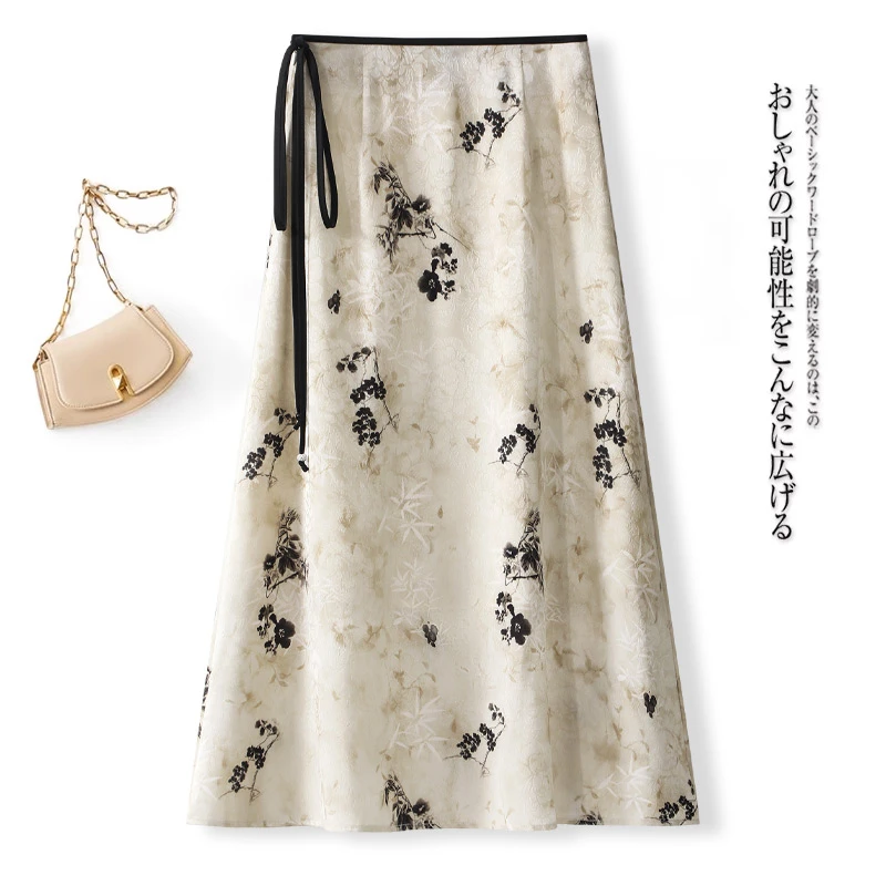 拉夏贝尔新中式国风印花半身裙女2025夏季薄款高腰中长款a字伞裙