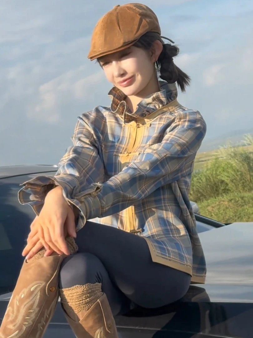 独特别致撞色格纹立领衬衫女2025秋季新中式国风减龄百搭盘扣上衣