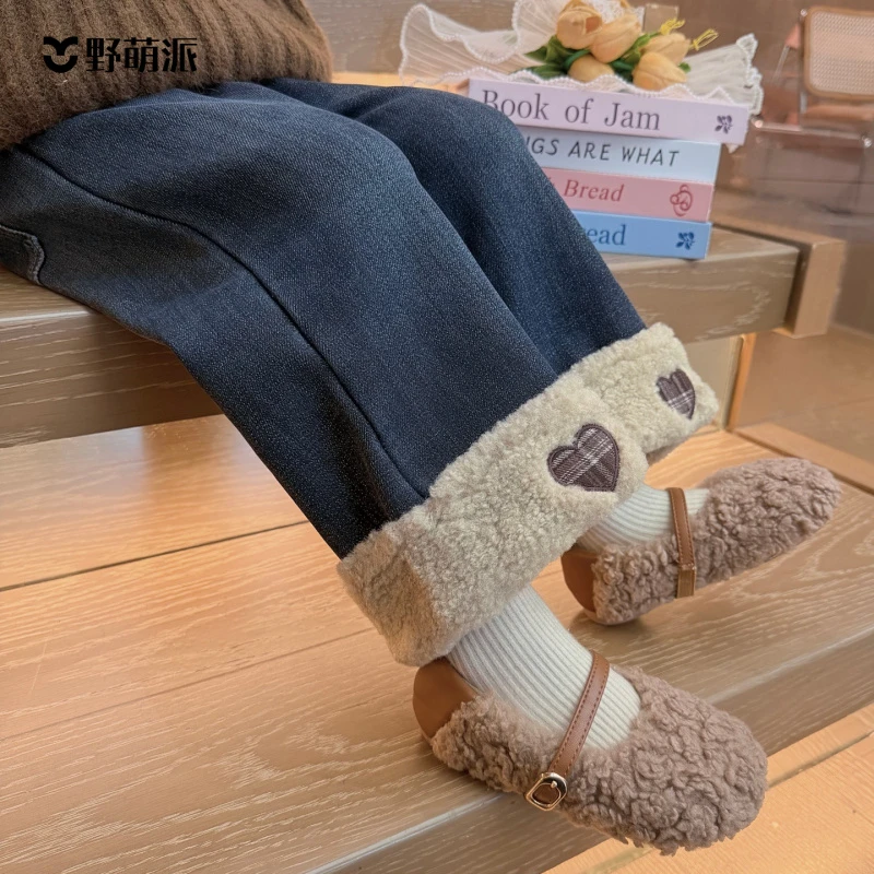 女童加绒牛仔裤洋气秋冬款加厚一体绒阔腿裤超好看儿童休闲直筒裤