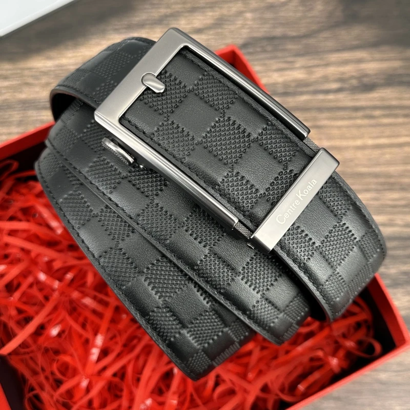 格纹内穿针式自动扣牛皮腰带时尚百搭真皮皮带潮流韩版青年裤带新