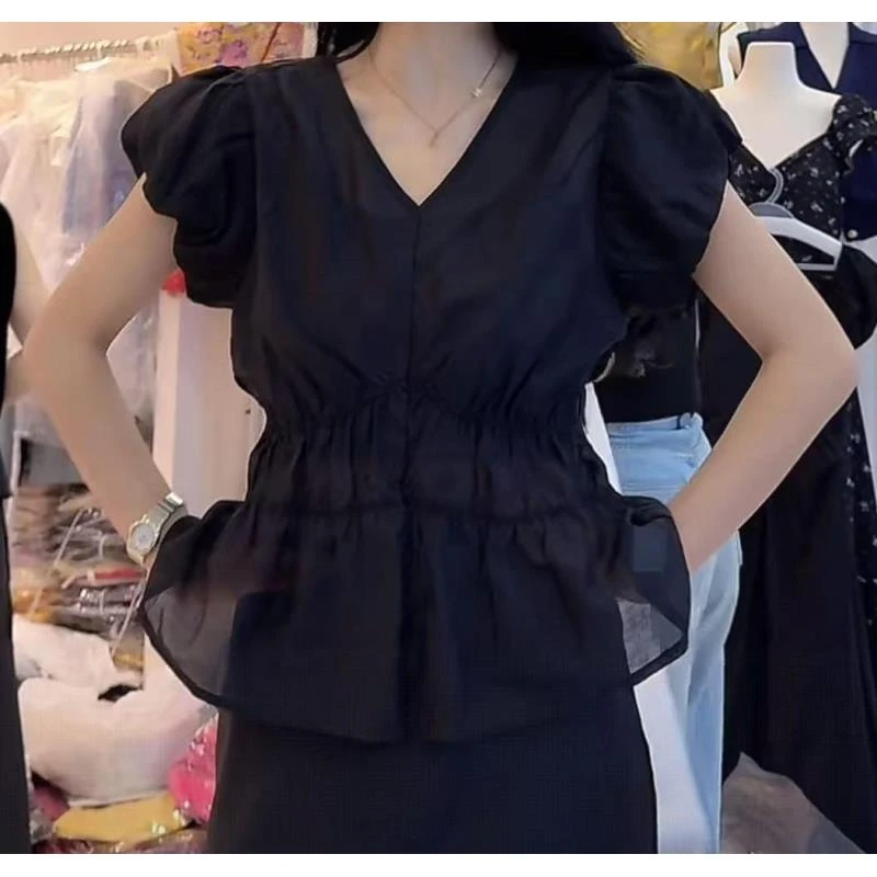 香香老板娘定制收腰V领泡泡袖上衣#36003