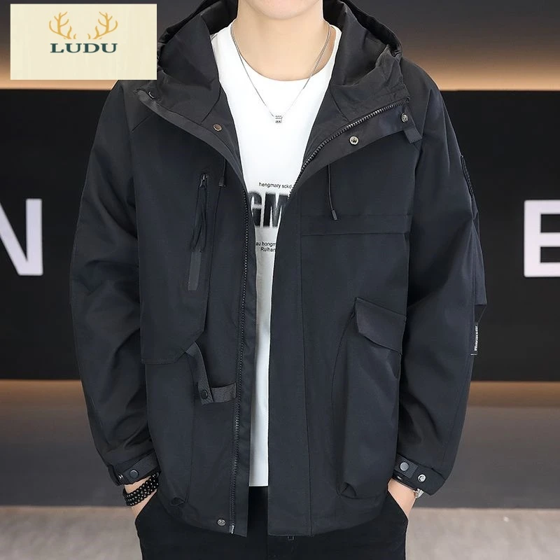 LUDU春秋时尚简约户外山系工装风大口袋休闲宽松连帽防风冲锋衣