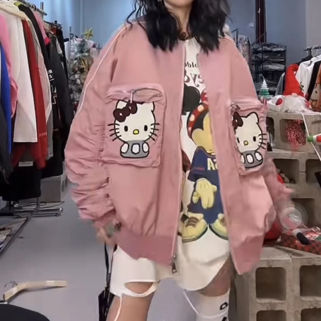 欧货潮牌卡通KT猫刺绣棒球服外套女2025春装新款宽松百搭夹克上衣