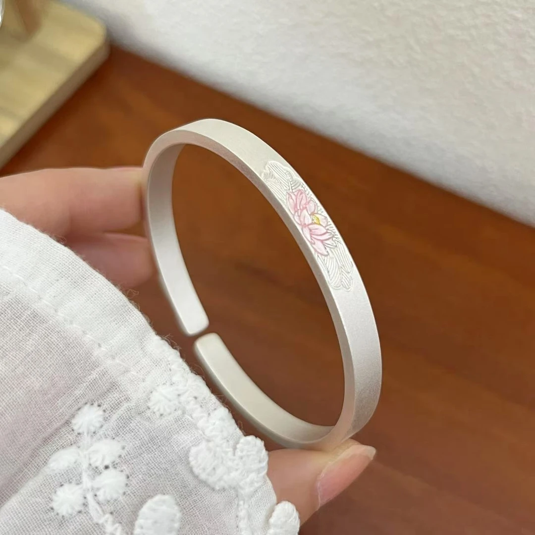 【古法】珐琅莲花纯银手镯足银9999实心开口银镯子国风款生日礼物