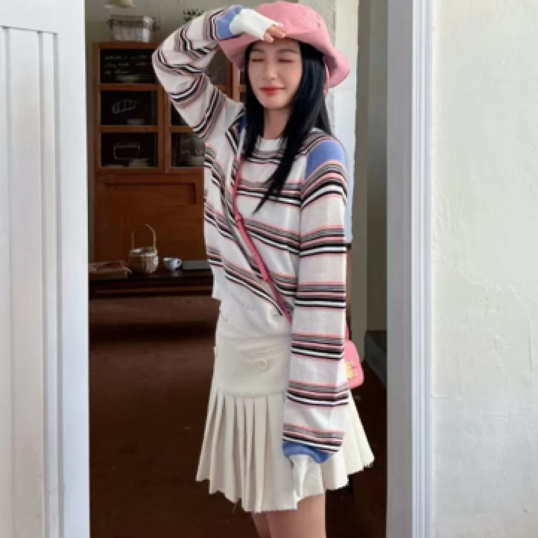 南油小众 春款粉色条纹羊毛衫