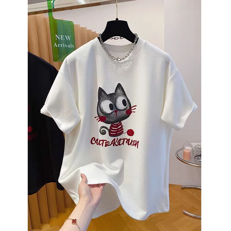 胖丫-圆领卡通猫短袖t恤女大码春夏季宽松显瘦休闲内搭打底衫上衣