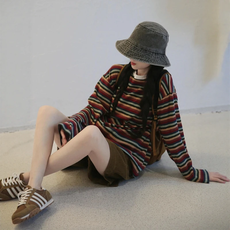 美式复古撞色条纹圆领长袖t恤女早秋单穿慵懒松弛感超好看上衣服