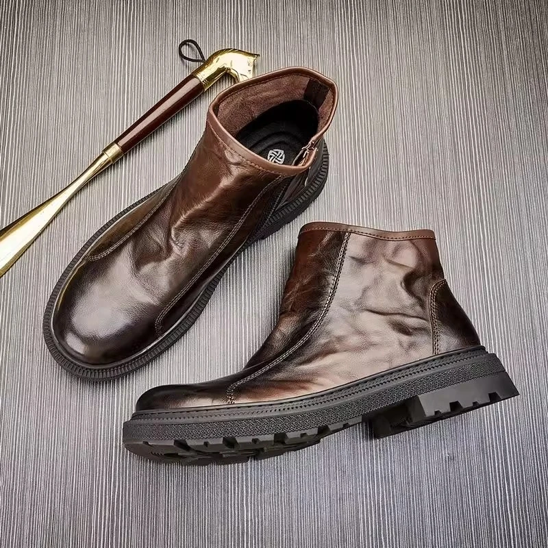 ICCLEK男士马丁靴秋冬真皮高帮厚底皮靴圆头拉链商务切尔西男靴子