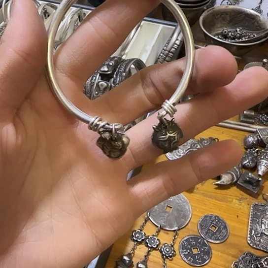 依***然足银木质足银手镯