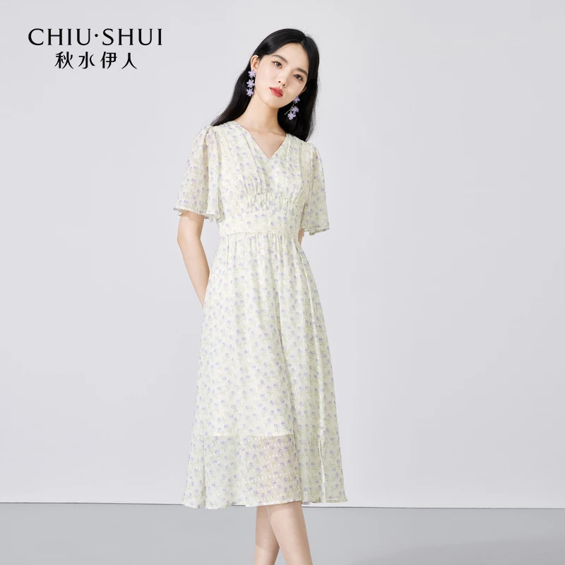 秋水伊人法式田园风休闲浅蓝连衣裙夏季新款女装