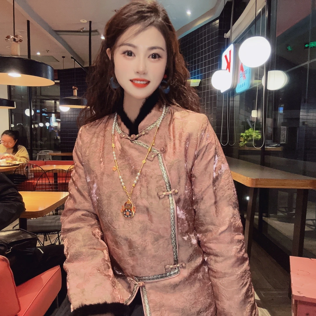 【桃夭】新中式气质复古新品人丝浮光锦水貂毛斜襟粉色棉服上衣0D