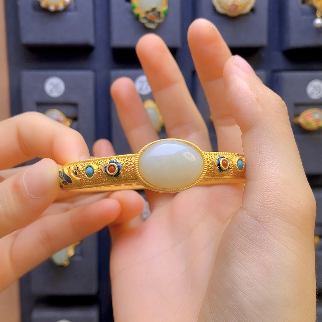 和田玉手镯银S925镀金镶嵌