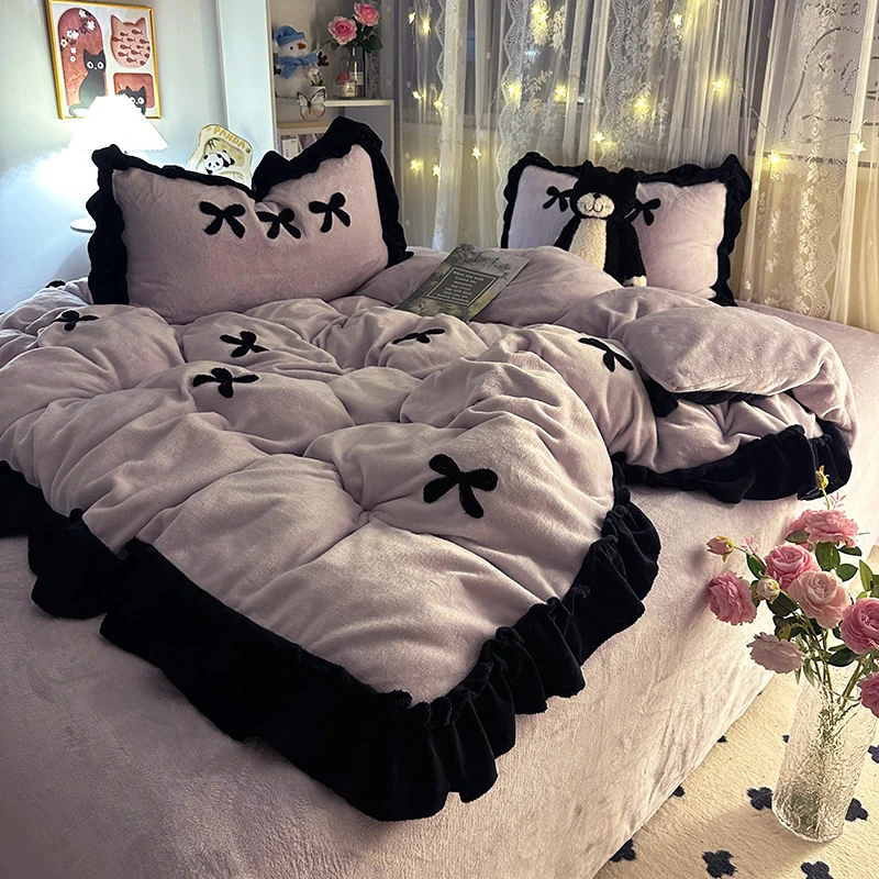 公主风牛奶绒四件套冬季双面加厚加绒珊瑚法兰绒花边刺绣被套床单
