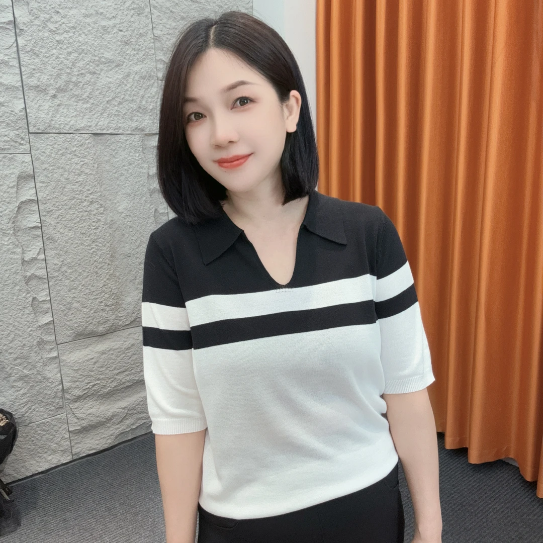 5261夏季新款拼色短袖【大米家专属】翻领V领撞色设计多巴胺服装女