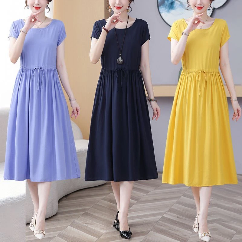 夏季新款中年妈妈显瘦收腰长裙大码气质中长款棉绸连衣裙过膝裙子