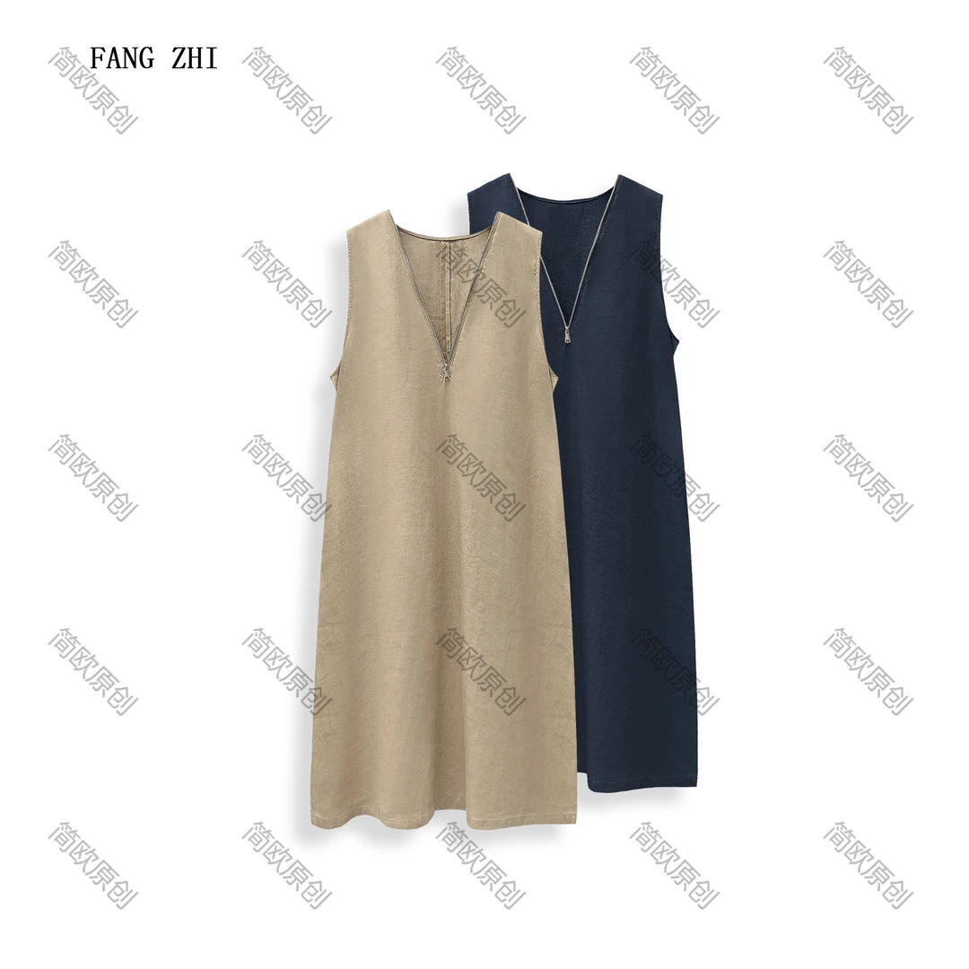 简约休闲拉链V领背心连衣裙无袖显瘦中长款百搭吊带裙 D4315