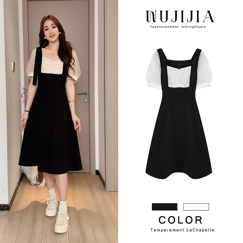 五季家大码胖mm连衣裙气质夏季新法式蕾丝显瘦设计感收腰裙子黑色