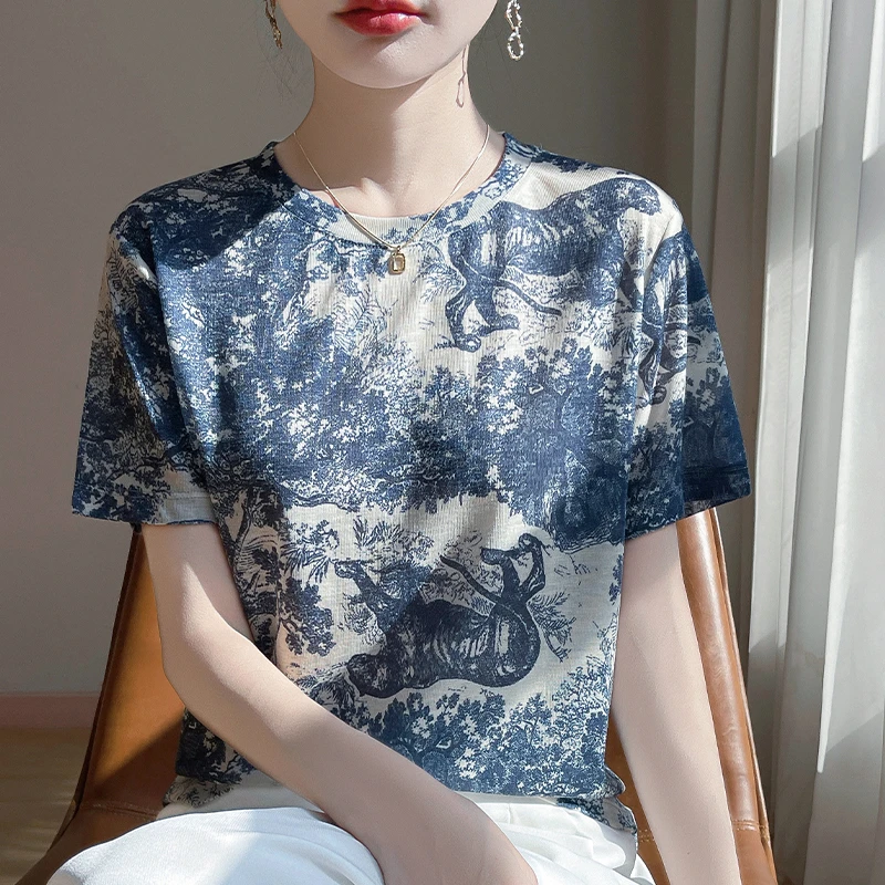 印花天丝棉短袖夏季女士凉感花卉T恤休闲小众痞帅嘻哈风