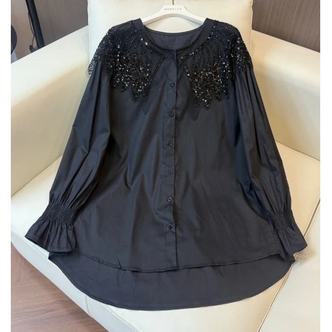 【鑫蕾】时尚亮片宽松圆领衬衫百搭设计衬衣28595
