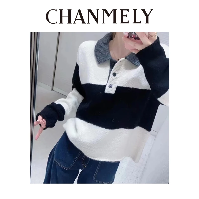 【CHANMITY】25/FW柔贡经典黑白交融时髦复古羊绒针织衫025609