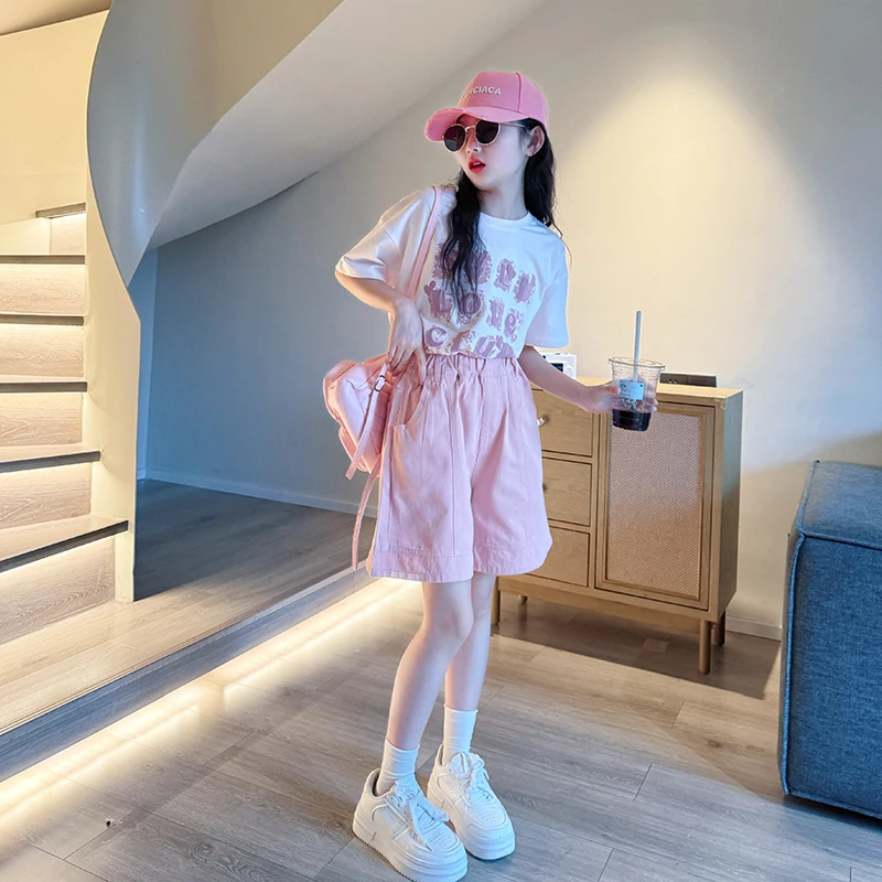 女童夏季套装2025新款儿童洋气字母t恤大童女孩夏款五分裤两件套