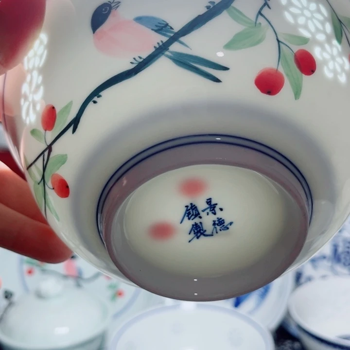 青花玲珑6寸面碗手绘花鸟