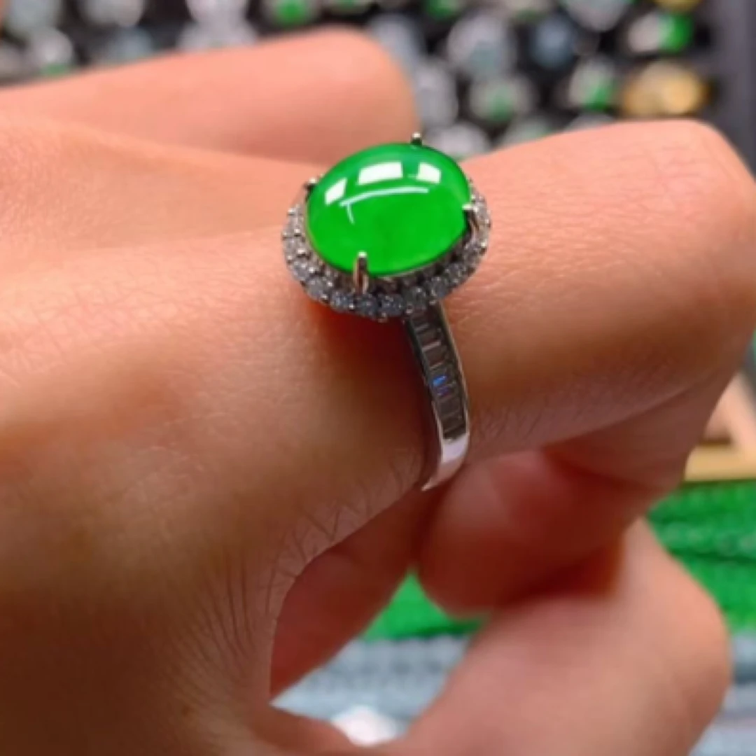 天然A货翡翠蛋面戒指