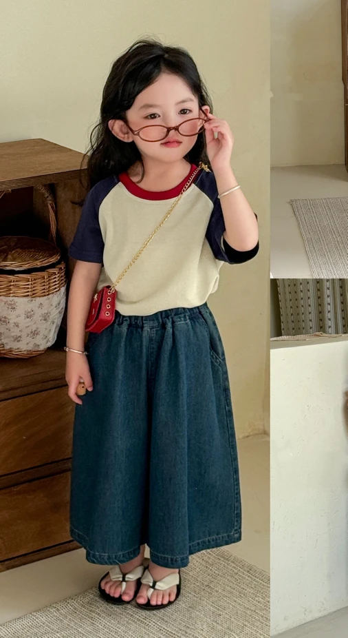 夏季新款短袖韩版小中女童洋气简约短袖T恤上衣牛仔裤裤子套装