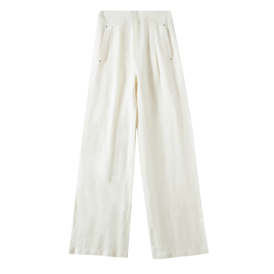 原创定制，重磅高支高密100亚麻高腰长裤，老钱十足范女裤