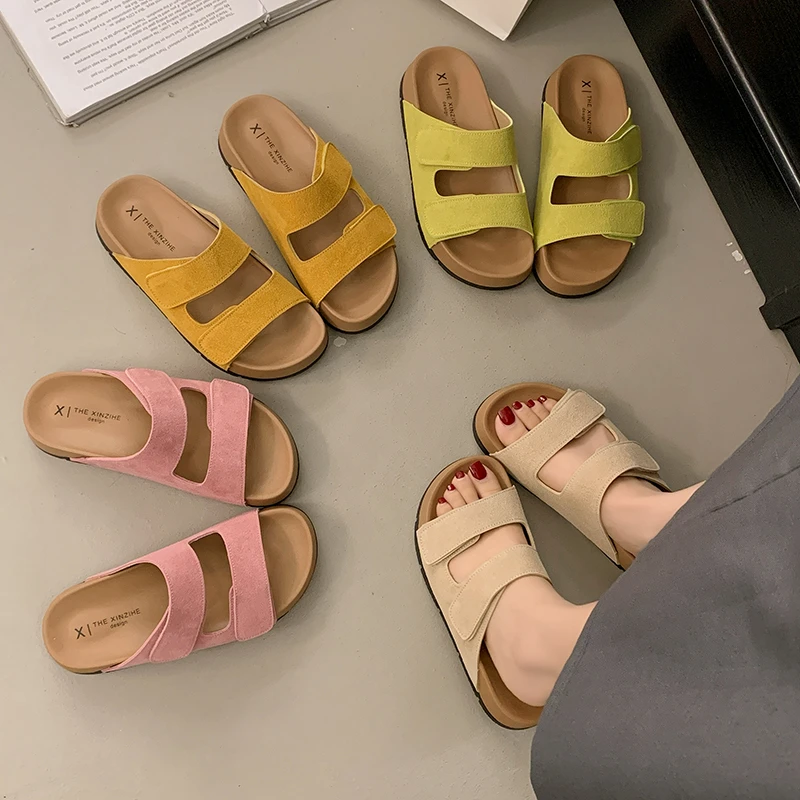 魔术贴凉拖鞋女夏外穿2025新款厚底沙滩凉鞋网红配裙子休闲一字拖