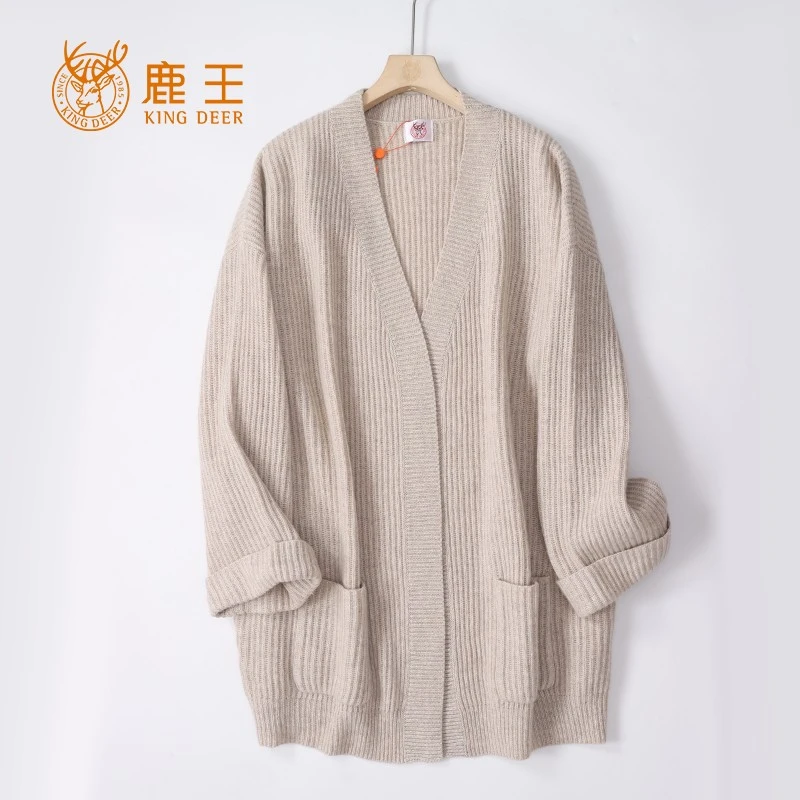 编号kd056外销款！鹿王女V领100山羊绒纯色休闲百搭针织开衫外套厚
