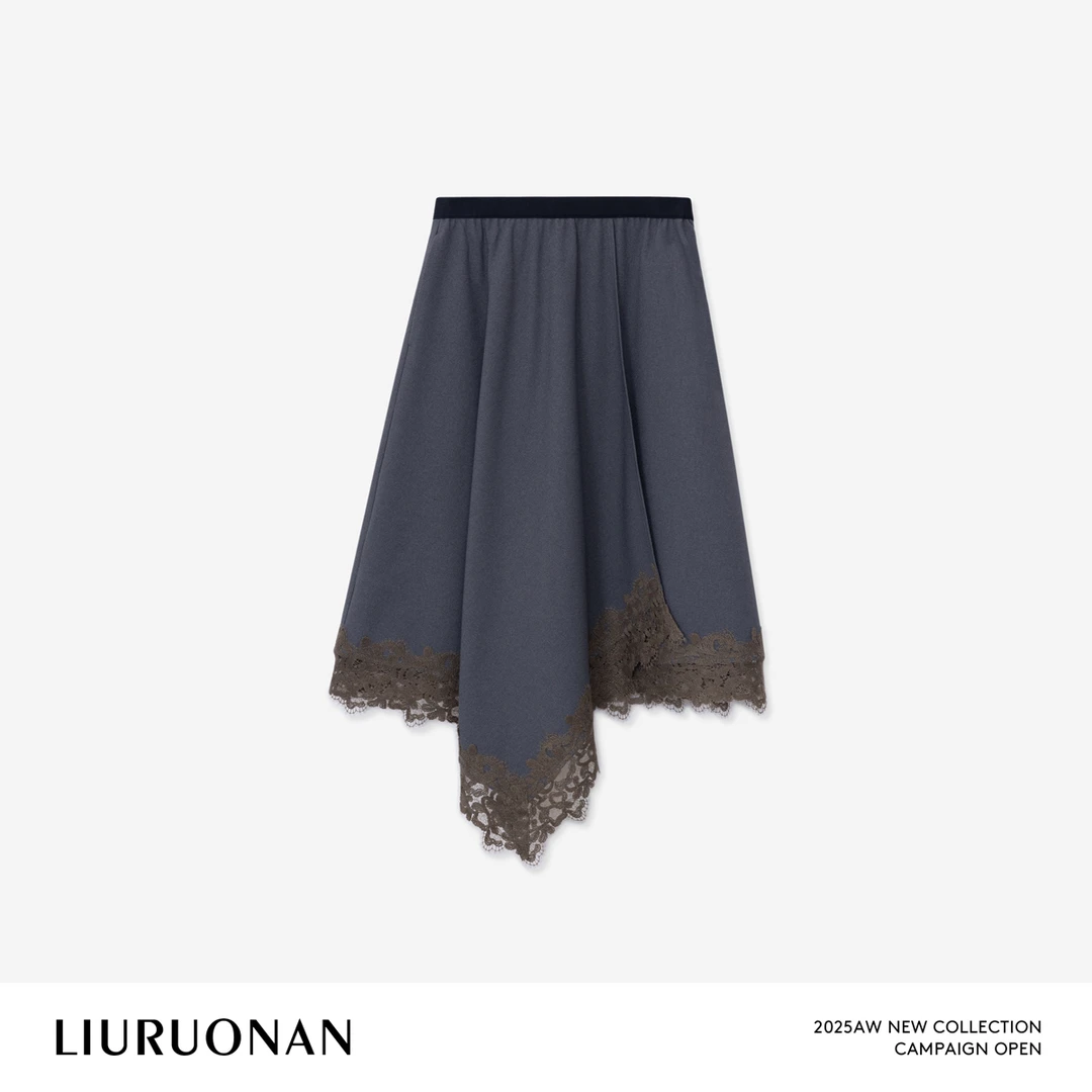 LIURUONAN 25FL【斜摆蕾丝裙】不规则裙摆蕾丝拼接松紧腰显瘦半身裙