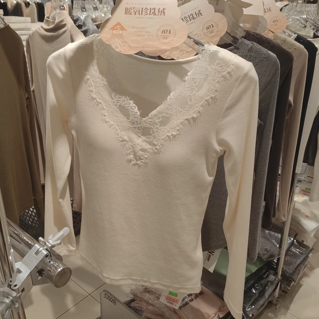 短款长袖修身型露背镂空时尚拼接蕾丝衫加绒内搭秋衣内衣女士女款