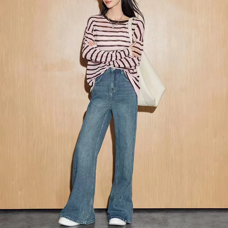 （粉咖条纹打底衫）时尚新款轻薄透气优雅松弛感圆领套头打底衫H