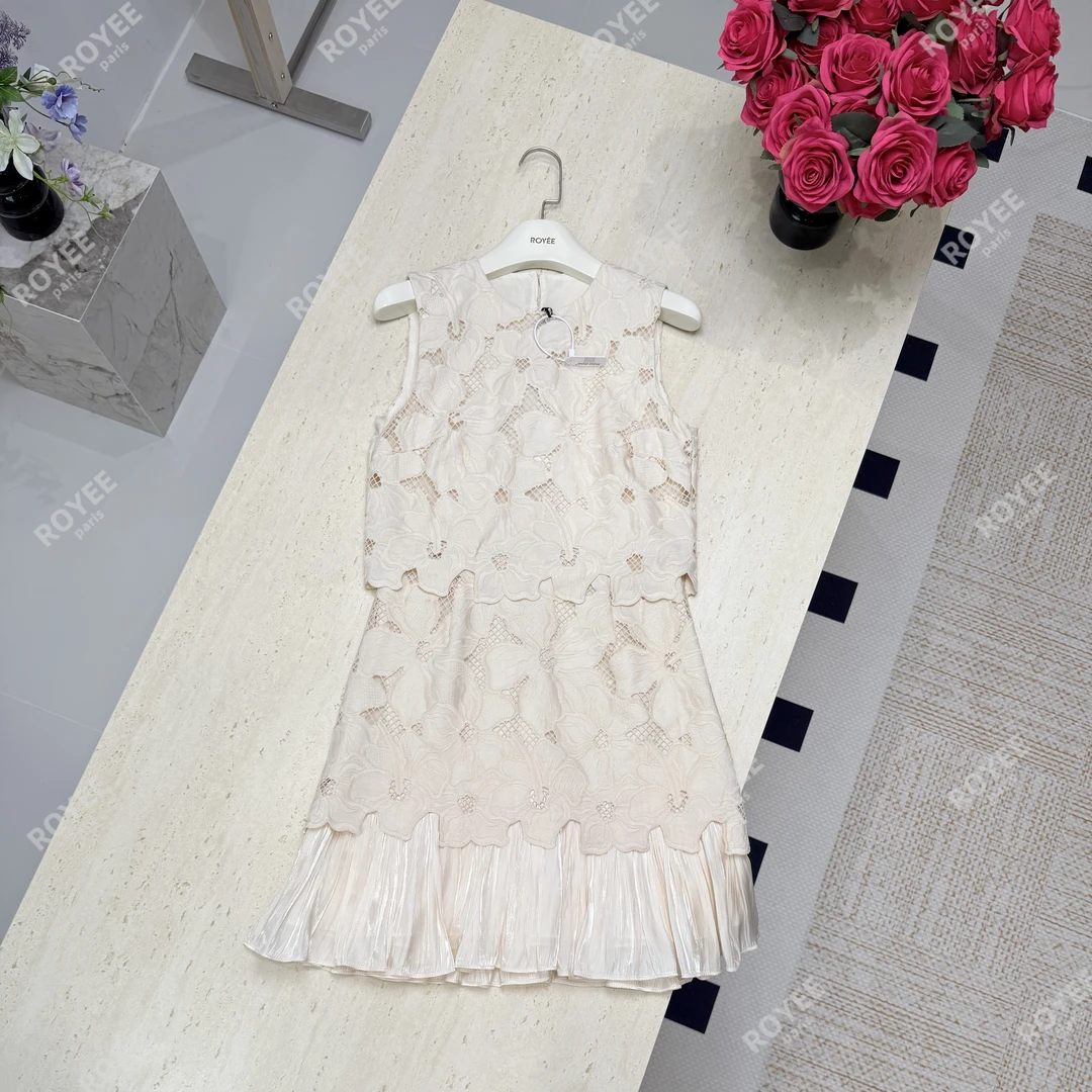 【仲夏花序】法式甜美蕾丝钩花双层下摆拼接水光纱连衣裙RY1045