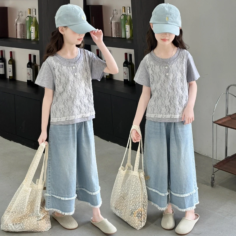 女童夏季假两件套装2025新款假两件T恤上衣儿童牛仔阔腿裤两件套