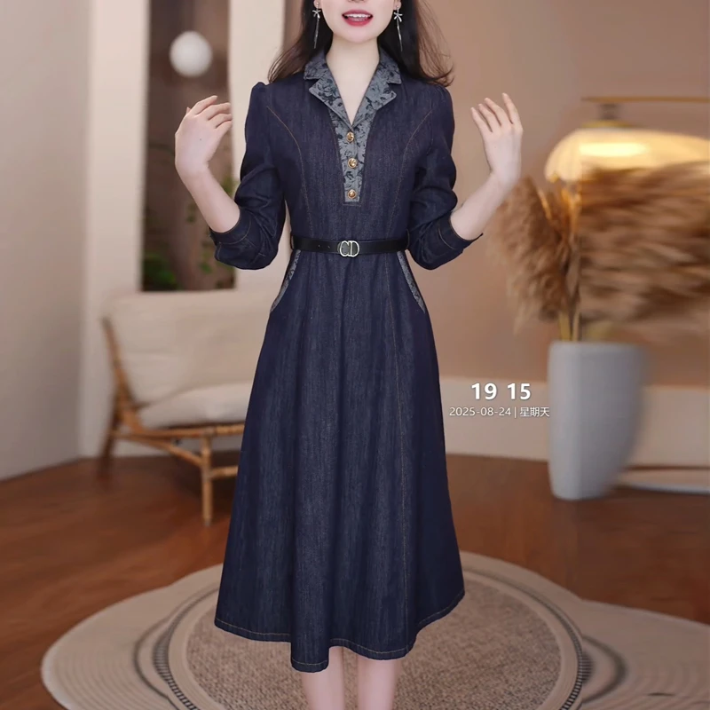 休闲百搭气质牛仔连衣裙2025秋季新款时尚洋气减龄显瘦中长款裙子